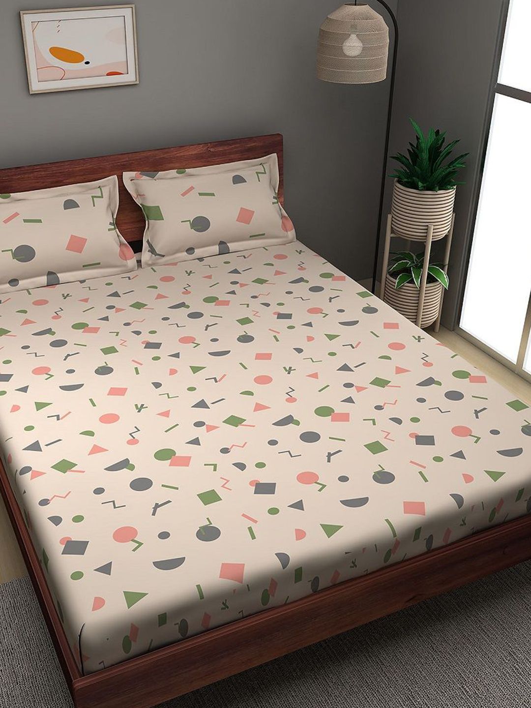 Sleepyhead Off White & Green Pure Cotton 180 TC King Bedsheet with 2 Pillow Covers-picture-36