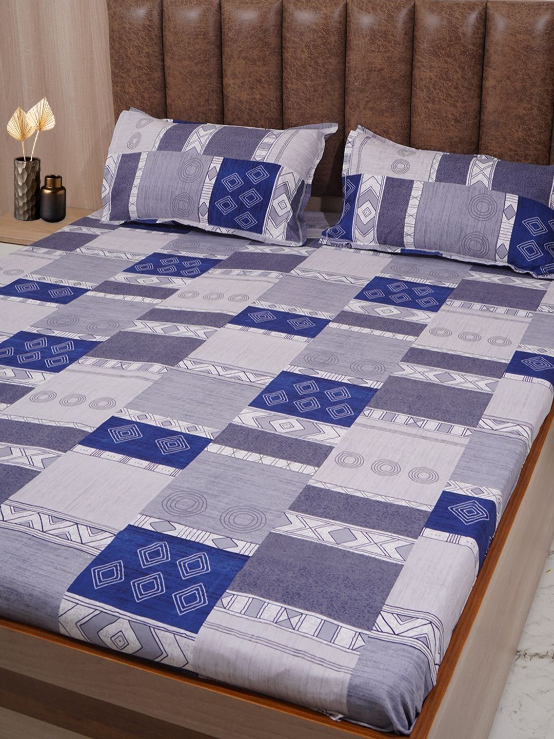 Adwitiya Blue & Grey Geometric 210 TC Queen Bedsheet with 2 Pillow Covers-picture-40