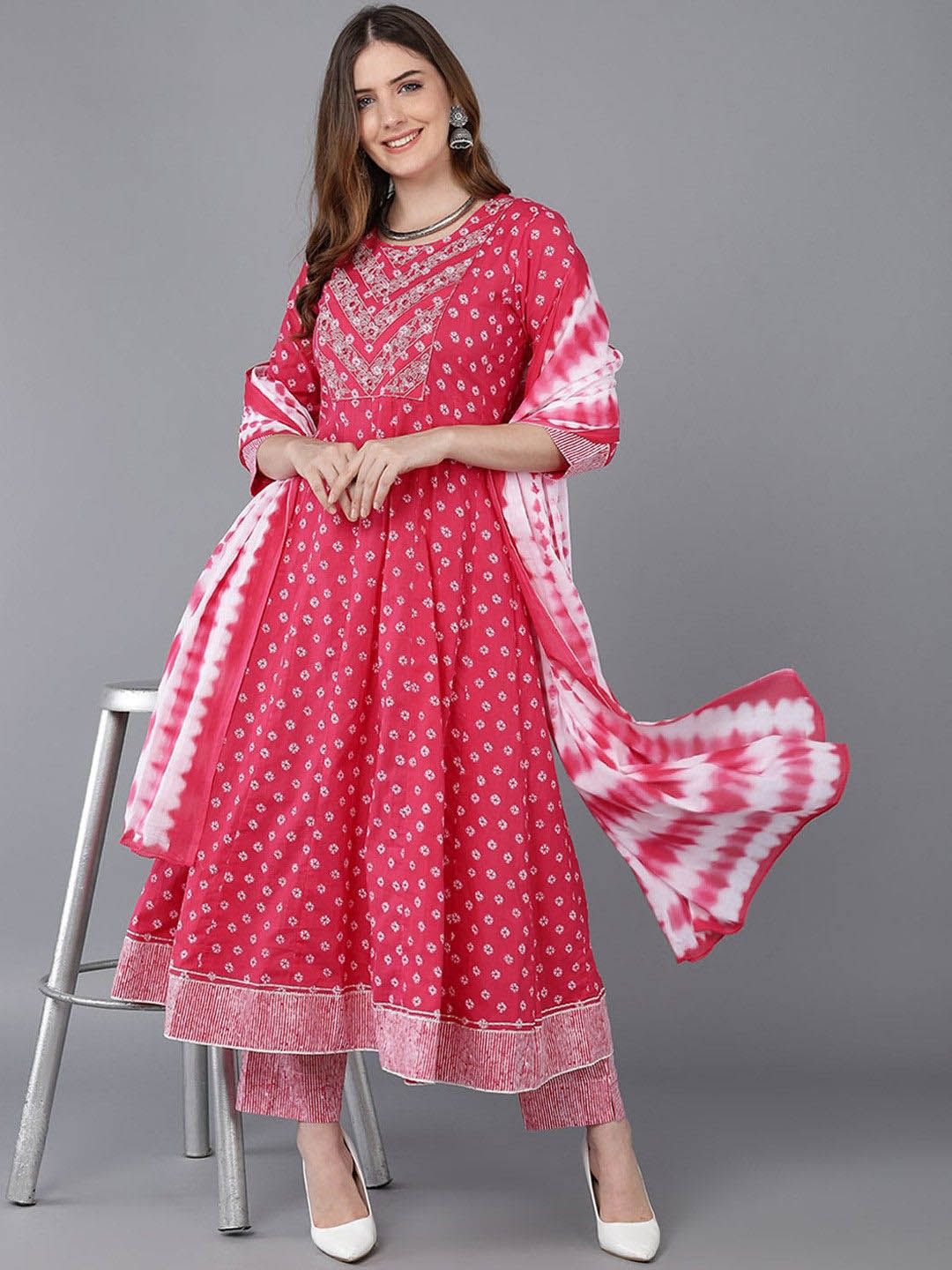 Women  Fushia Bhandhani Printed Anarkali Kurta Paired With Bottom And Dupatta