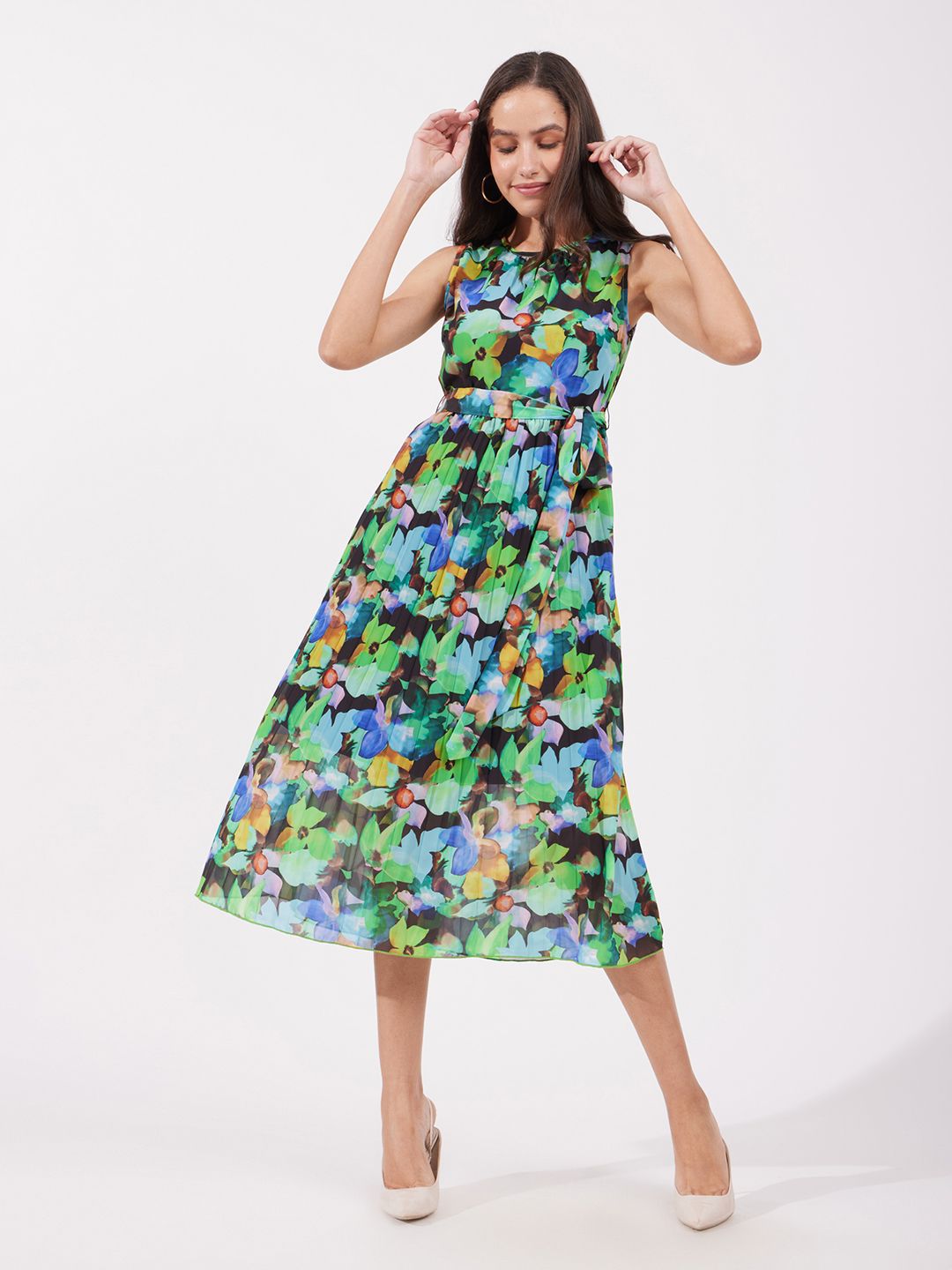 Girls Floral Print Shoulder Strap Georgette Fit Flare Dress