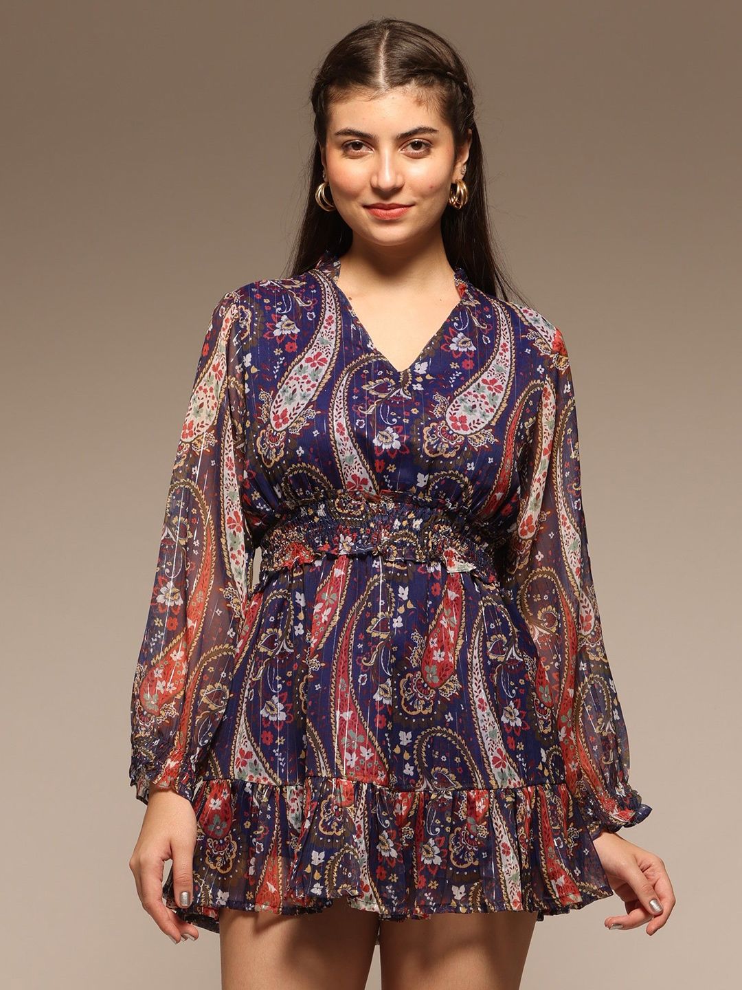 OCTICS Women Ethnic Motifs Printed Puff Sleeves Fit & Flare Mini Dress-picture-32