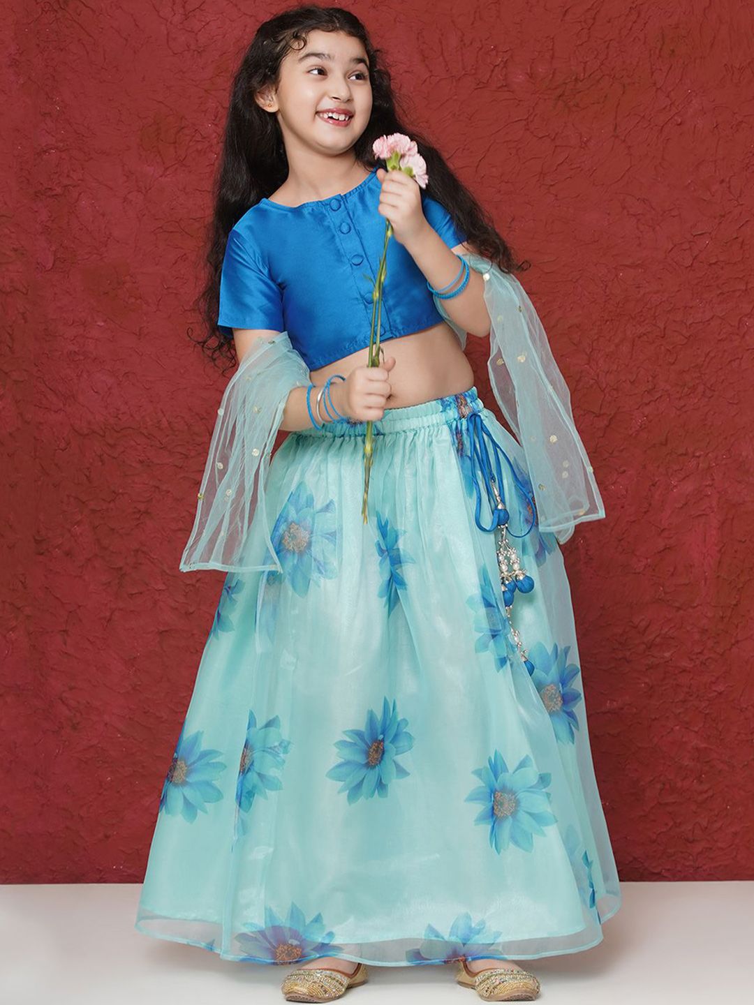 Aj DEZInES Girls Floral Print Blue Organza Ready to Wear Lehenga & Blouse With Dupatta