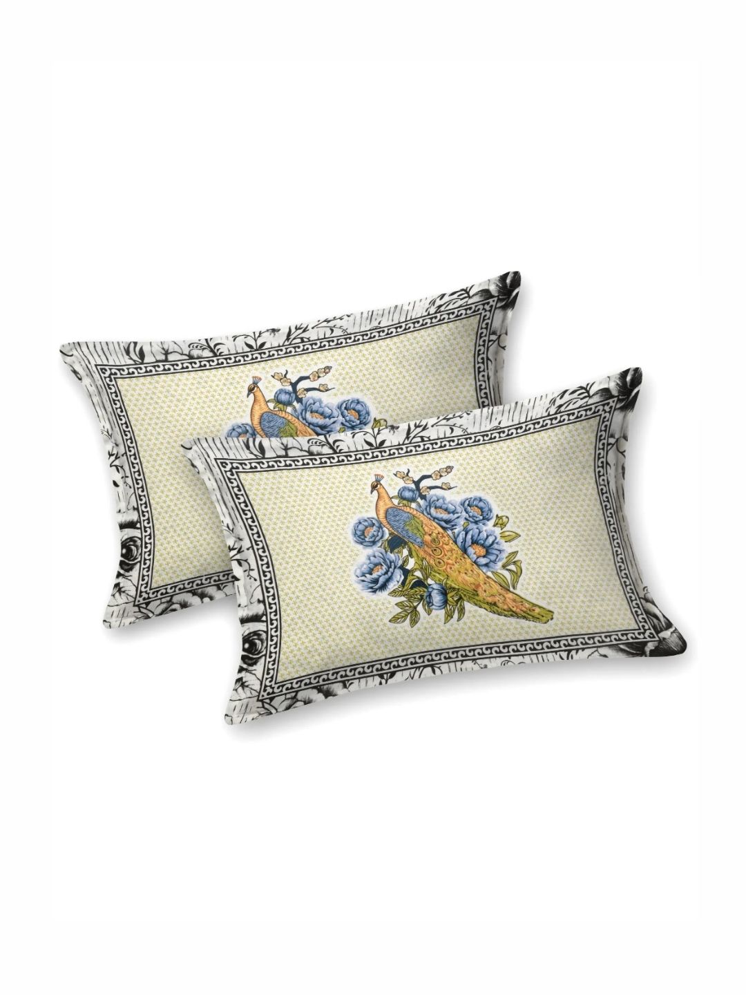 LIVING ROOTS Blue & Off White Printed 210 TC Cotton Queen Bedsheet with 2 Pillow Covers-picture-27