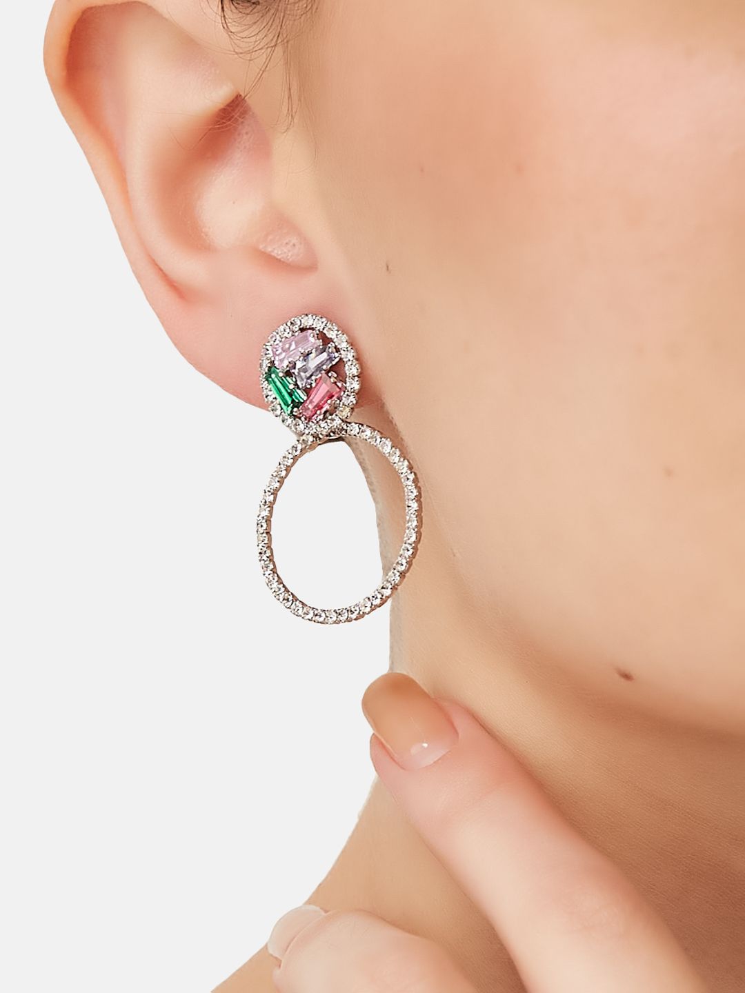 ATIBELLE Silver-Plated Brass Circular Cubic Zirconia Hoop Earrings