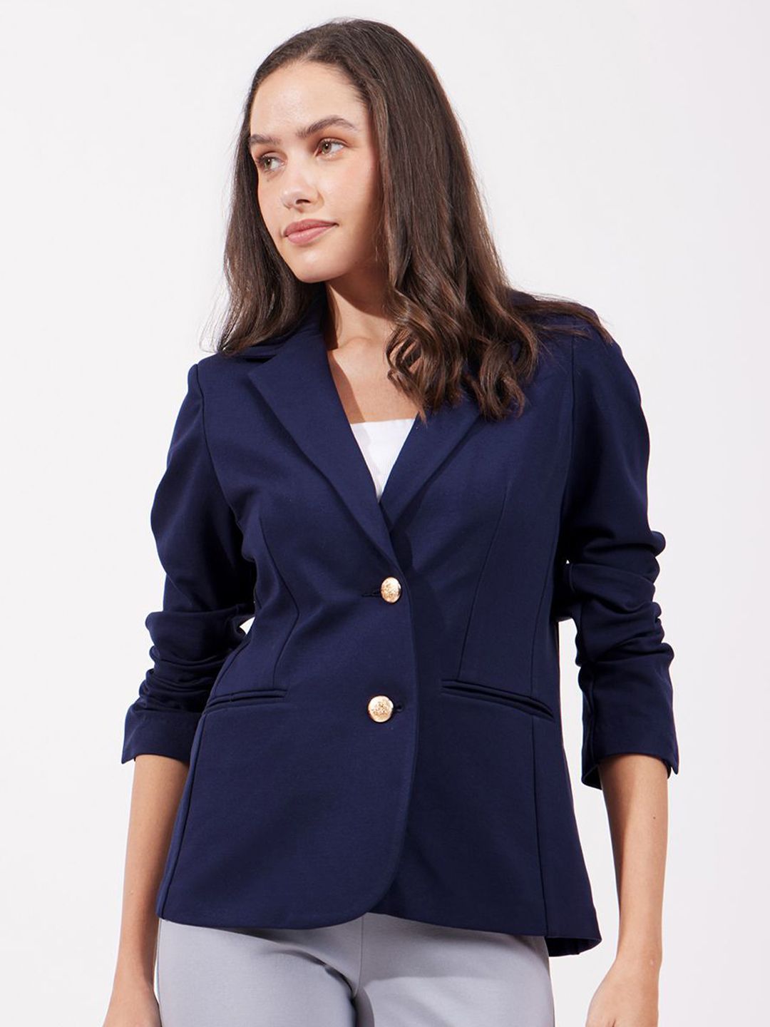 fable street FableStreet Women Navy Blue Lapel Collar Long Sleeves Tailored Jacket-picture-16