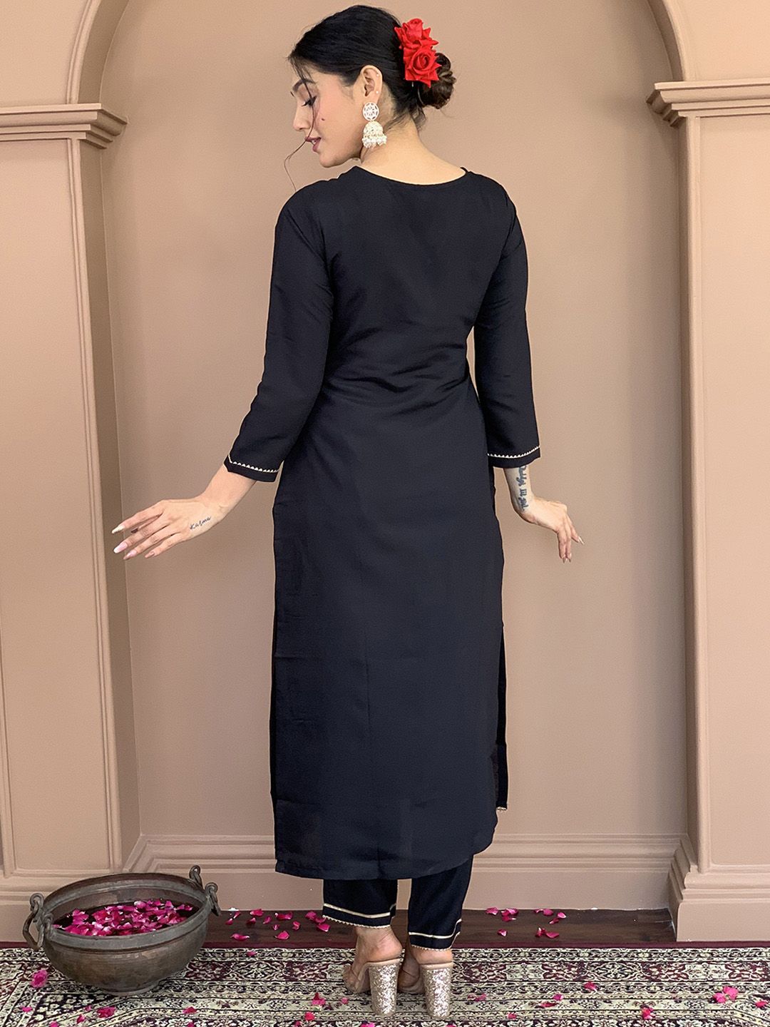 Women Black Floral Embroidered Notch Neck Straight Kurta With Trousers And Dupatta main image 1