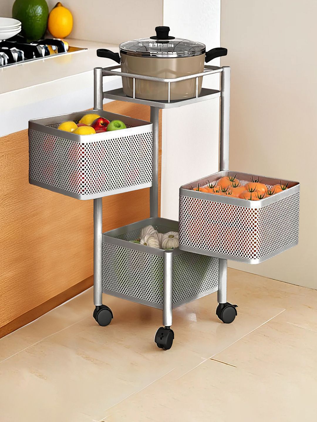 Kuber Industries Silver Toned 3-Tier Revolving Multipurpose Storage Rack with Wheels-picture-14