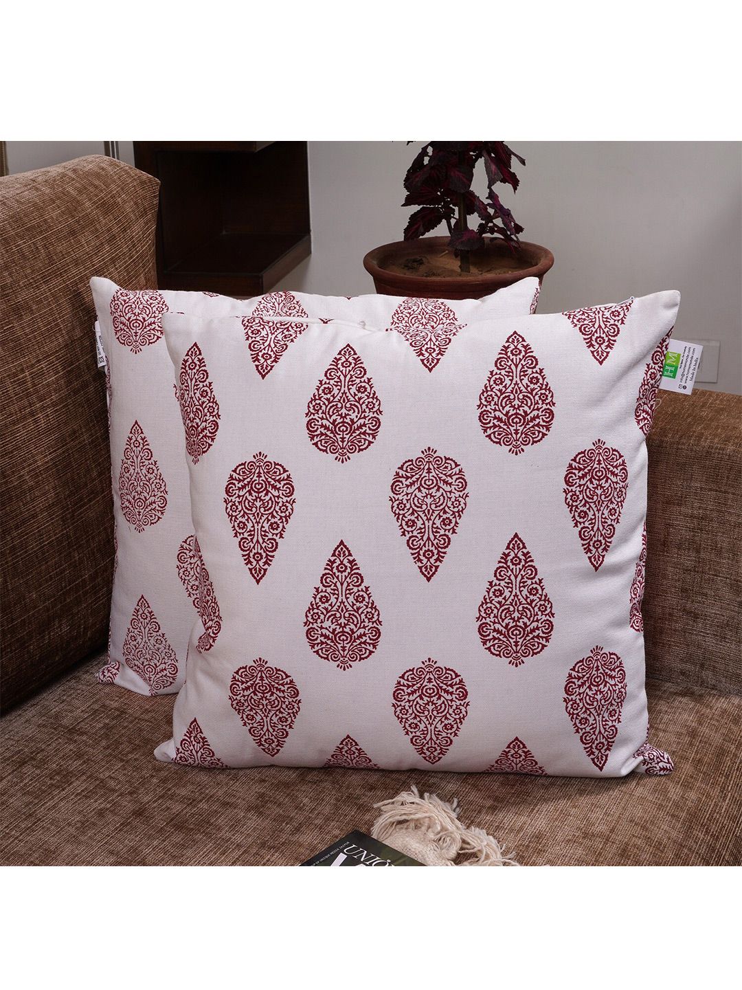 HOMEMONDE Unisex Red & White Set of 2 Ethnic Motifs Square Cushion Covers-picture-26