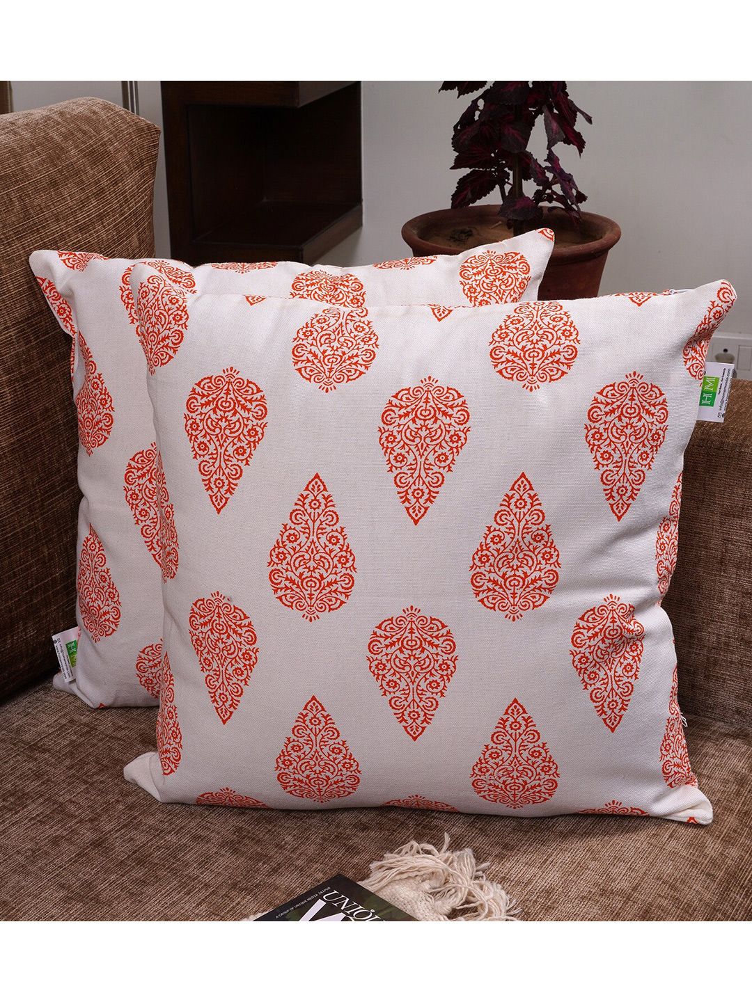HOMEMONDE White & Orange Set of 2 Floral Square Cushion Covers-picture-10