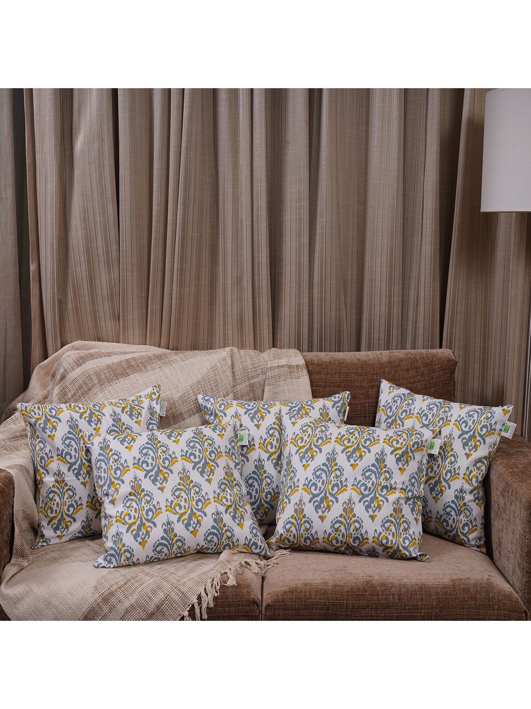 HOMEMONDE White & Yellow Set of 5 Ethnic Motifs Square Cotton Cushion Covers-picture-35