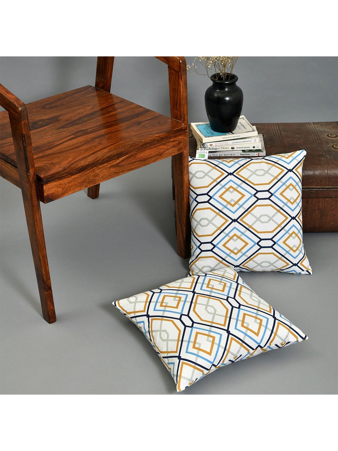 HOMEMONDE White & Blue Set of 2 Geometric Square Cushion Covers-picture-16