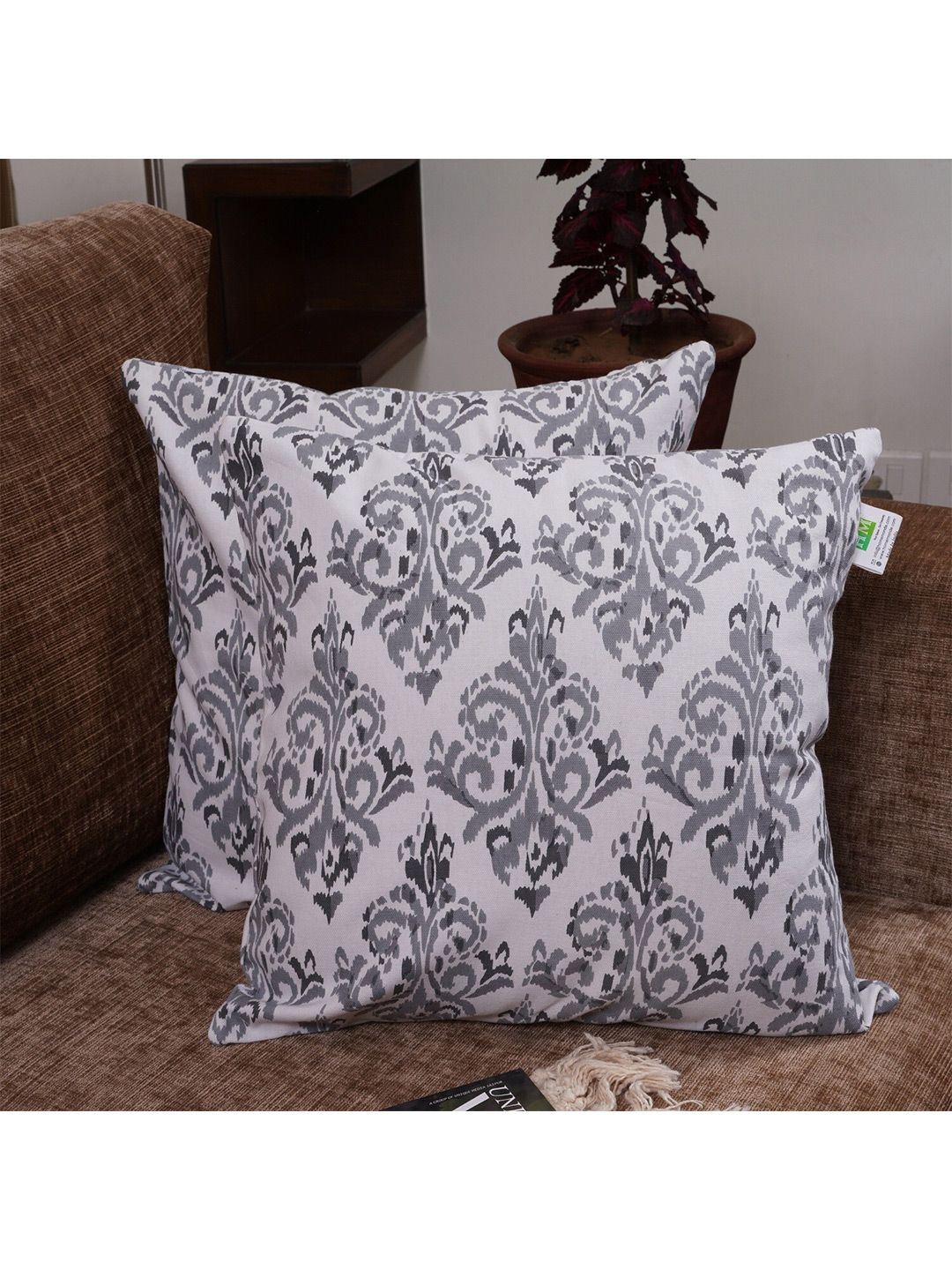HOMEMONDE Pack of 2 White & Grey Ethnic Motifs Square Cushion Covers-picture-28