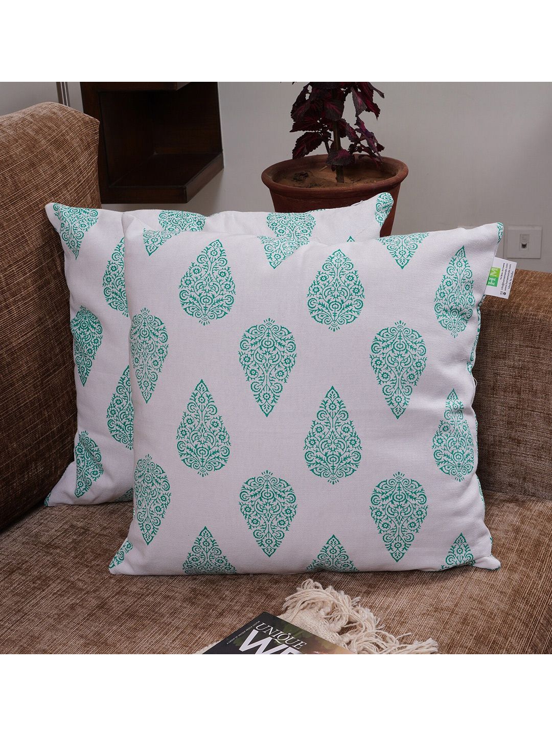 HOMEMONDE Green & White Set of 2 Ethnic Motifs Square Cushion Covers-picture-29