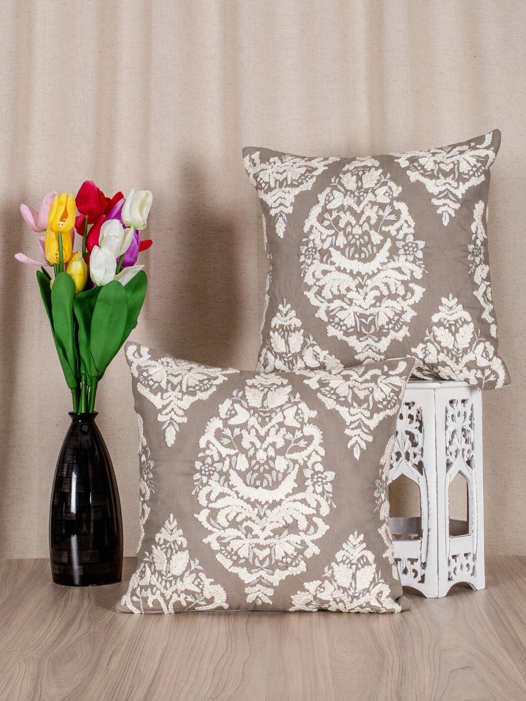 SHADES of LIFE Pack of 2 Grey & Off White Ethnic Motifs Cotton Square Cushion Covers-picture-32