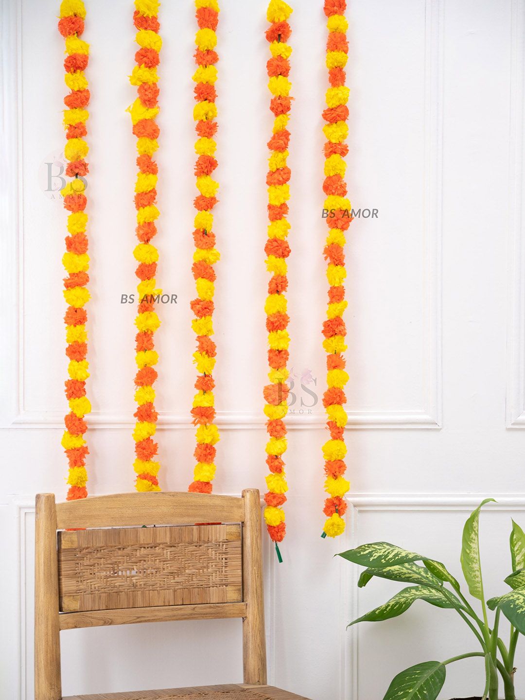 BS AMOR Orange & Yellow Set Of 5 Strings Artificial Marigold Flowers Garland-picture-13