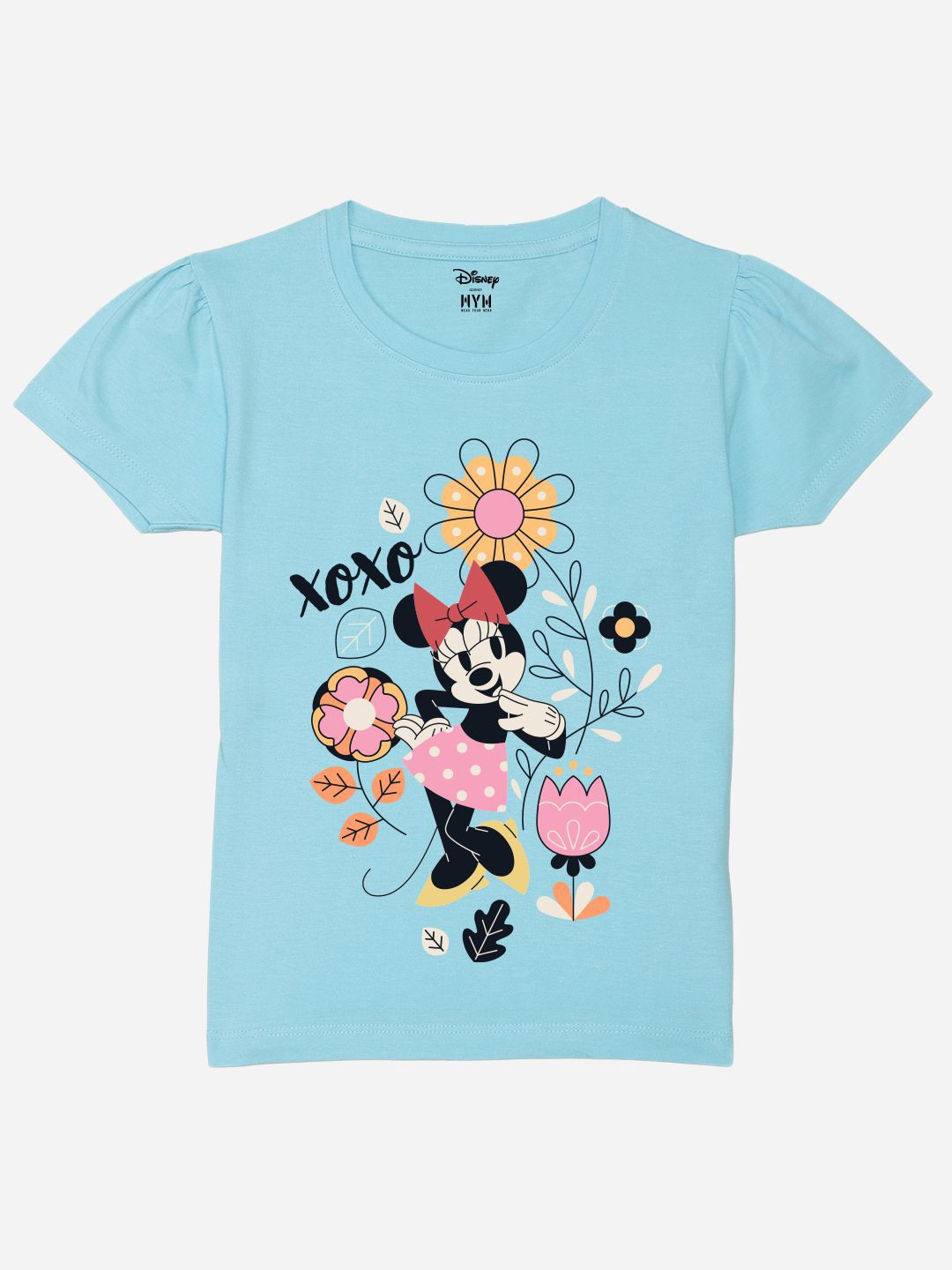 Wear Your Mind Girls Minnie Mouse Printed Puff Sleeves Pure Cotton Applique T-shirt-picture-33