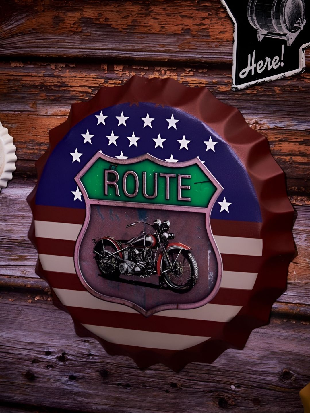 eazy wagon Blue & White Route 66 US flag Printed Metal Bottle Caps Wall Hangings-picture-11