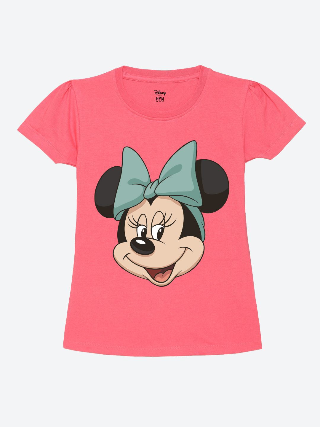 Wear Your Mind Girls Minnie Mouse Printed Puff Sleeves Pure Cotton Applique T-shirt-picture-32