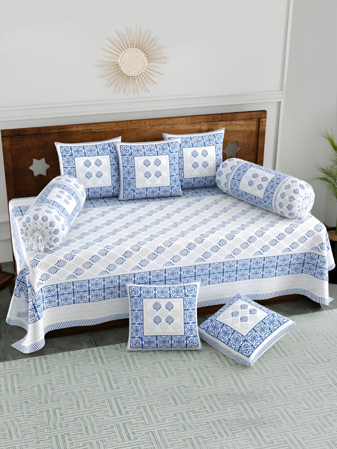 Myntra Elegant Homes 8-Pcs Blue & Grey Ethnic Motifs Printed Cotton Diwan Set-picture-20