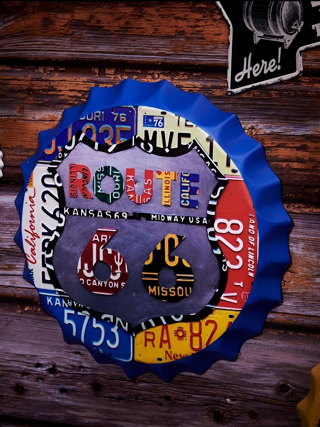 eazy wagon Blue & White Route 66 Number Printed Metal Bottle Caps Wall Hanging-picture-12