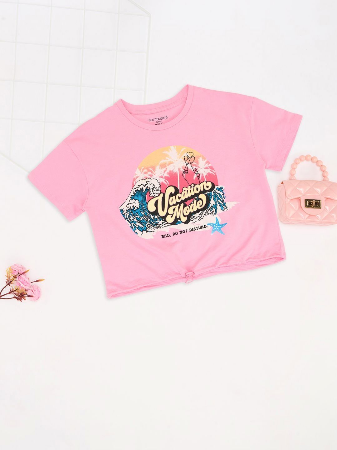 Pantaloons Junior Girls Printed Mandarin Collar Applique Boxy T-shirt-picture-29