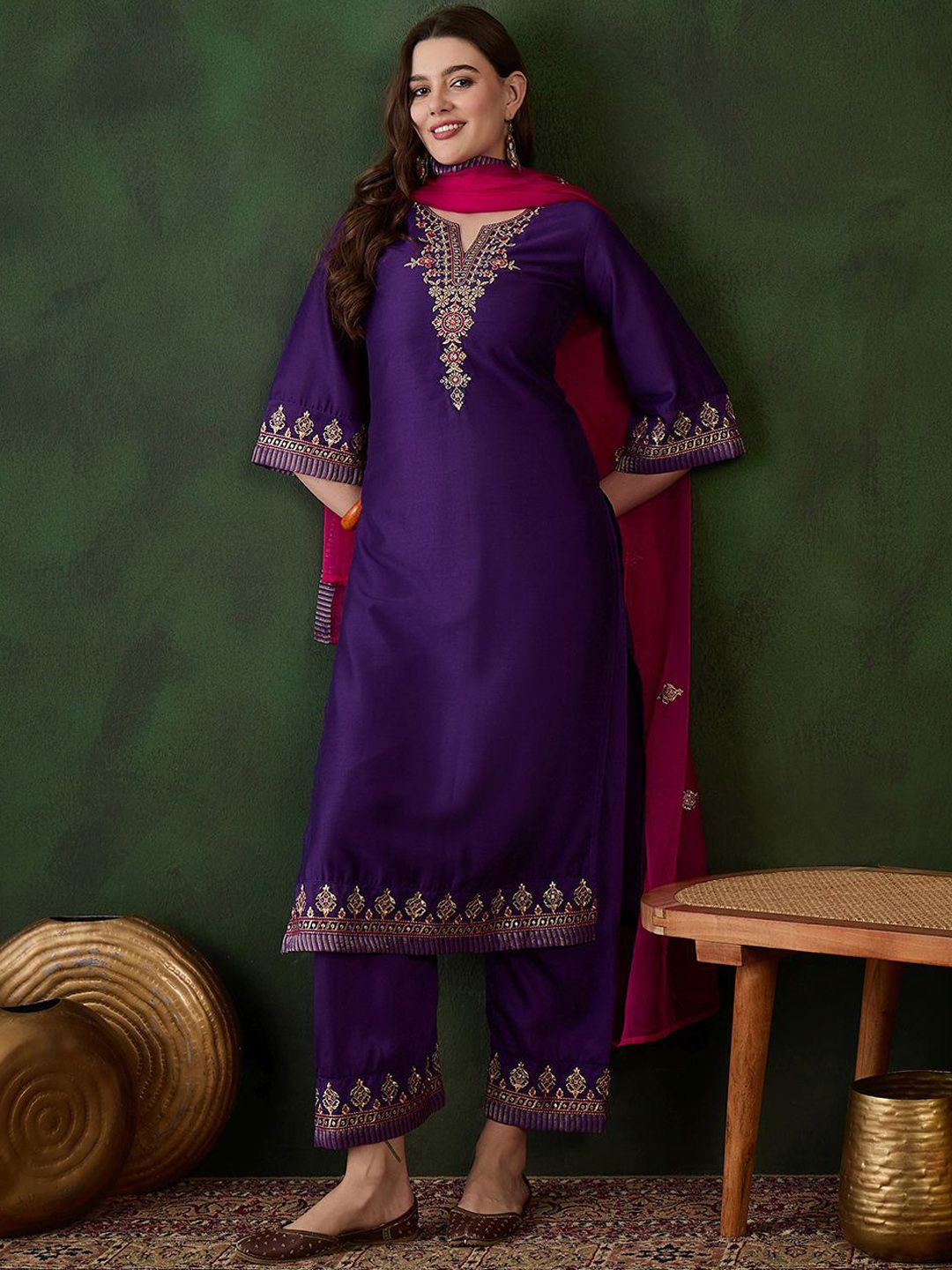 Sangria Floral Yoke Design Notch Neck Sequinned Straight Kurta With Trousers & Dupatta