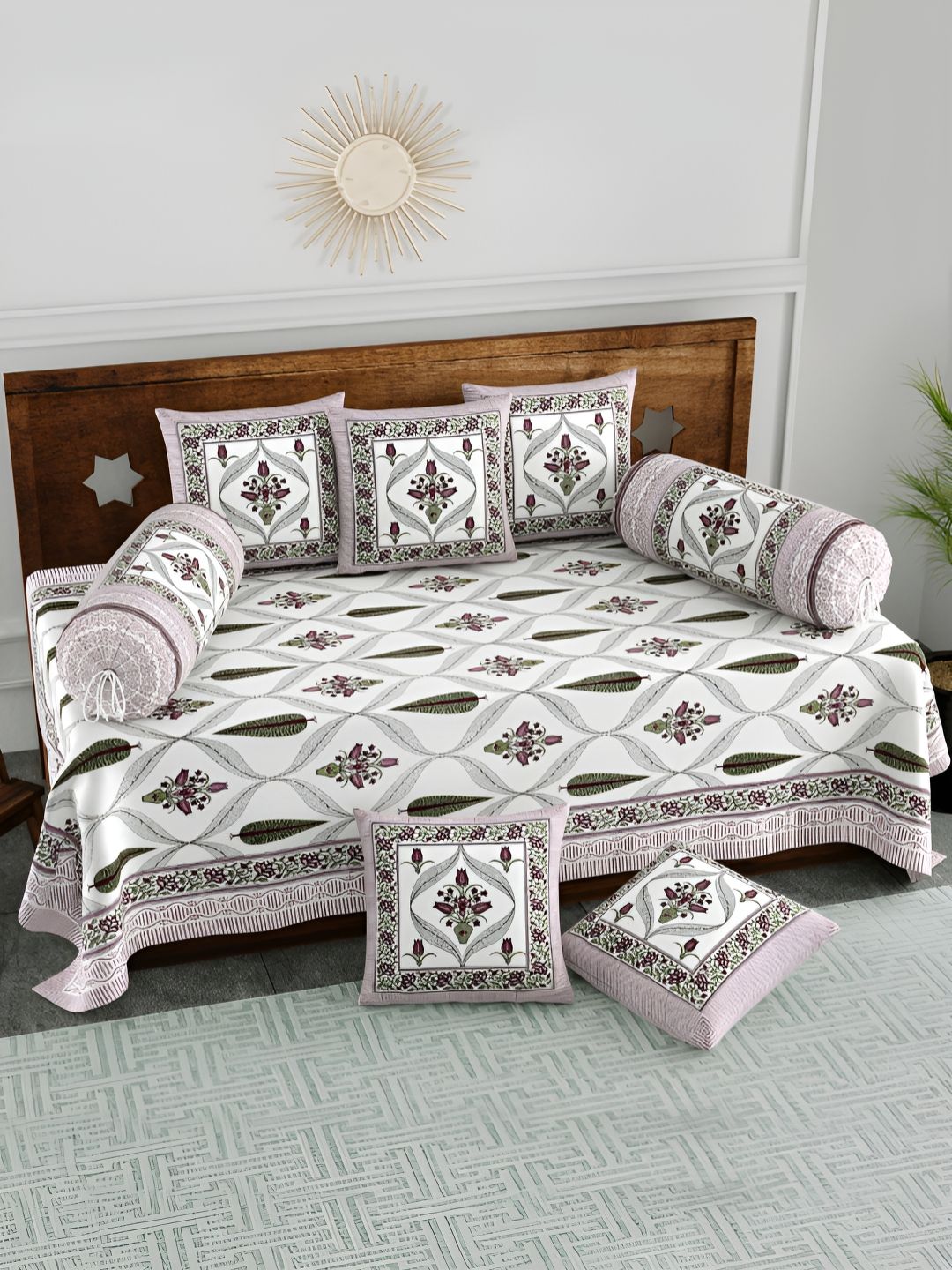 Myntra Elegant Homes Set Of 8 White & Purple Printed Cotton Diwan Set-picture-40