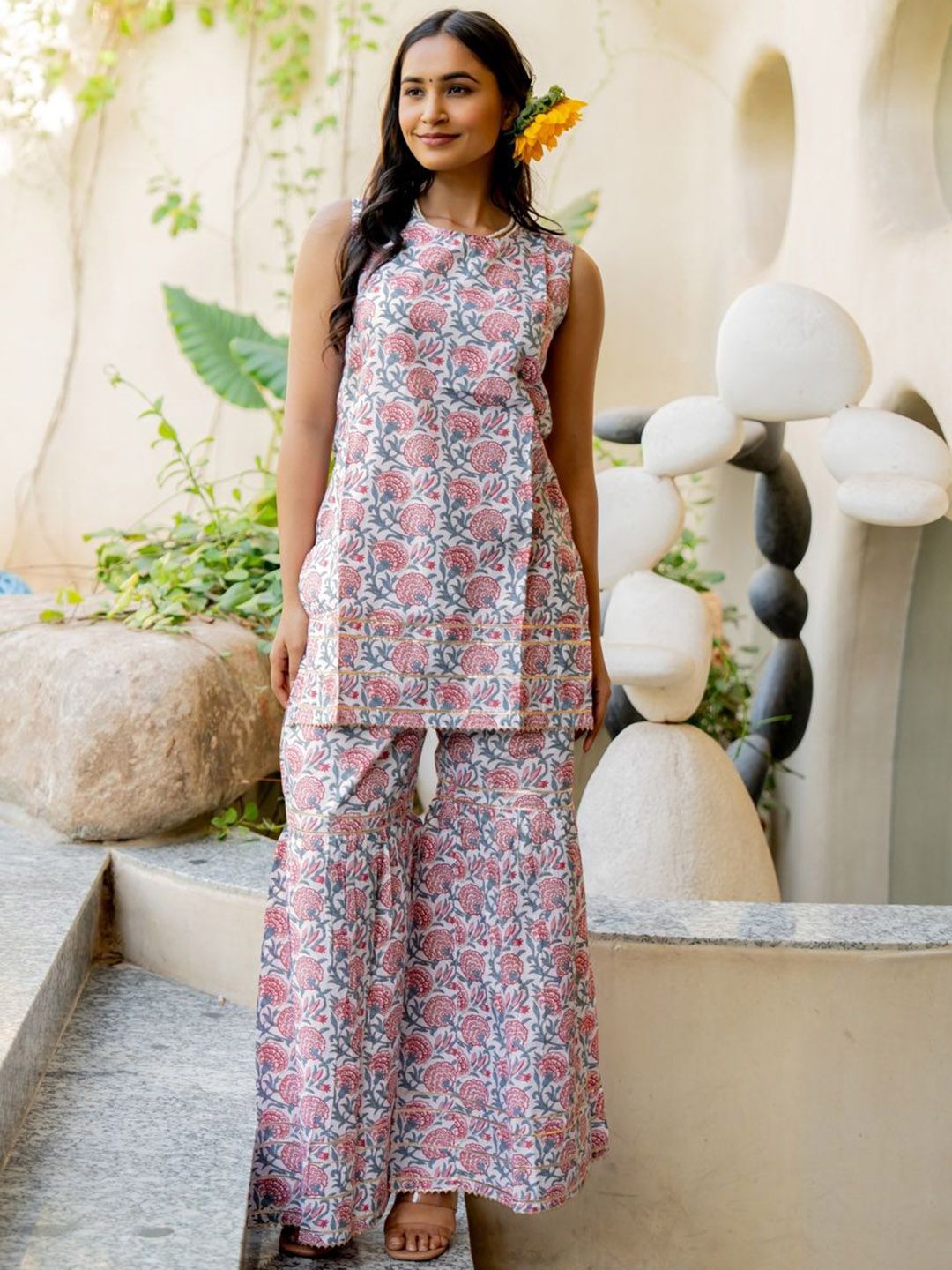 KALINI Floral Printed Gotta Patti Sleeveless Straight Kurti with Sharara-picture-13
