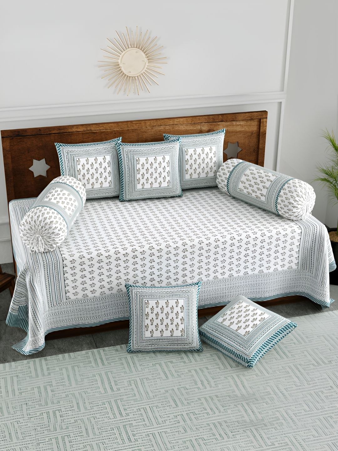Myntra Elegant Homes Set Of 8 White & Green Printed Cotton Diwan Set-picture-32