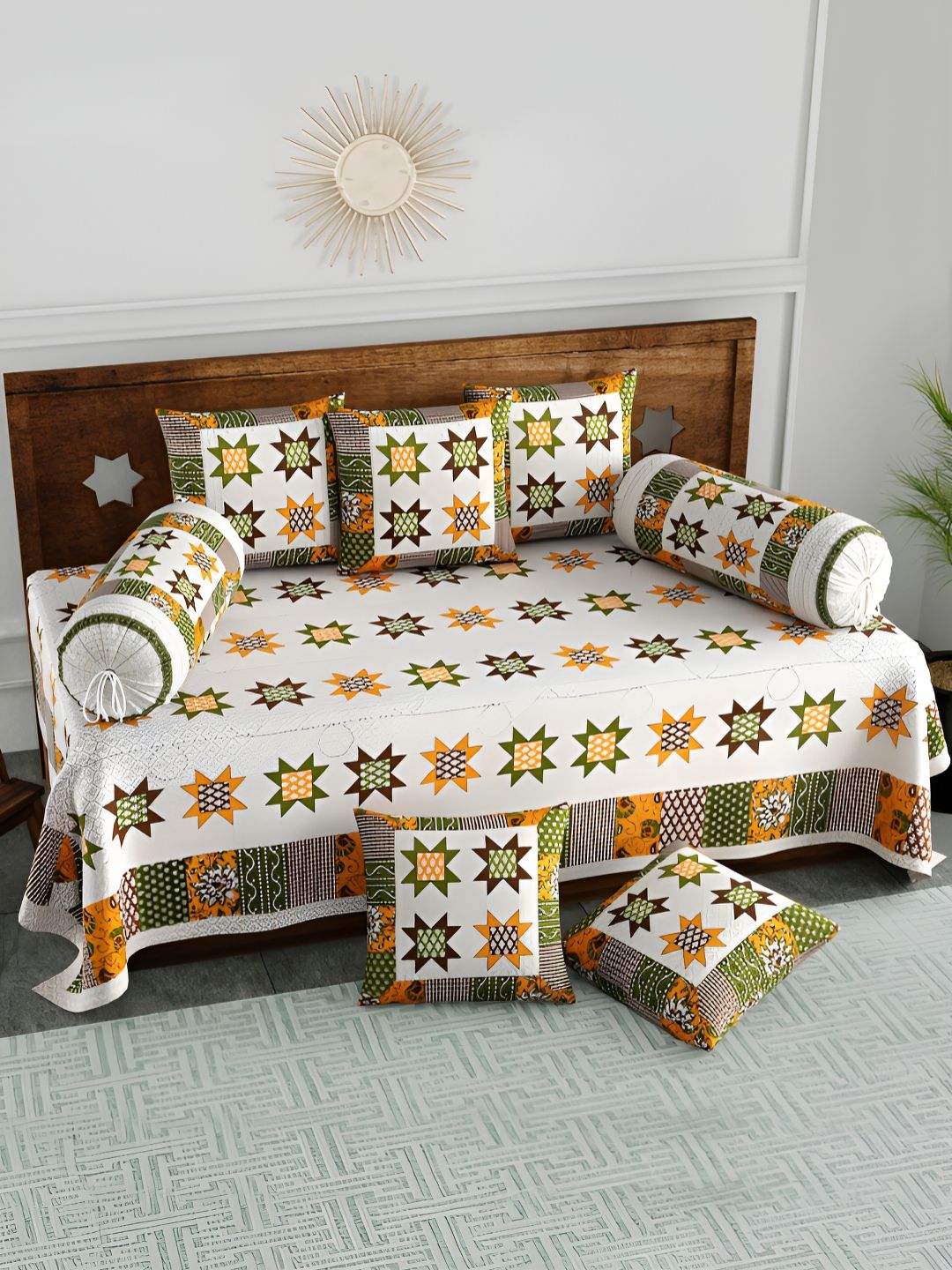 Myntra Elegant Homes White & Green 8-Pcs Printed Pure Cotton Diwan Set-picture-29