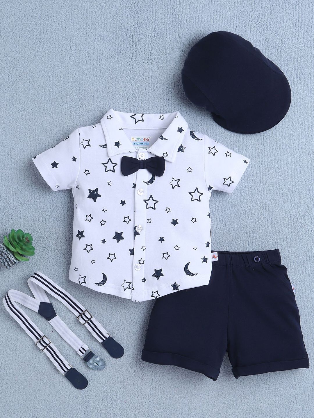 BUMZEE Boys Printed Shirt with Short Set With Bow Suspender & Cap