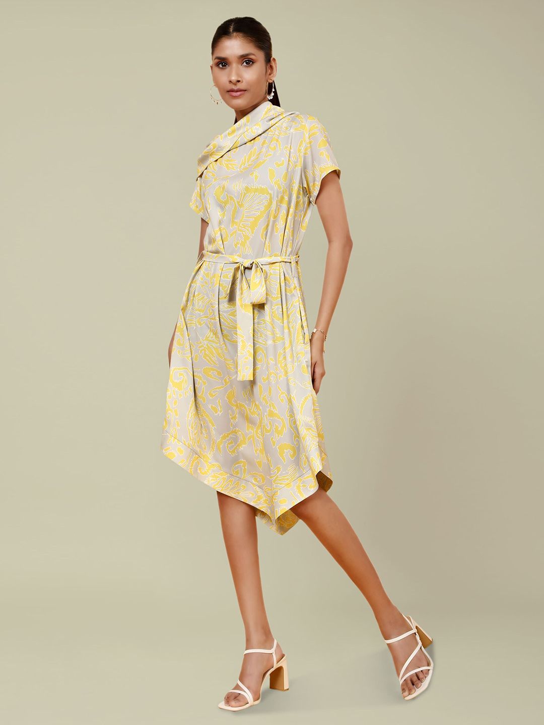 Tamiska By Narendra Kumar Women Printed Cowl Neck A-Line Dress with Belt-picture-33