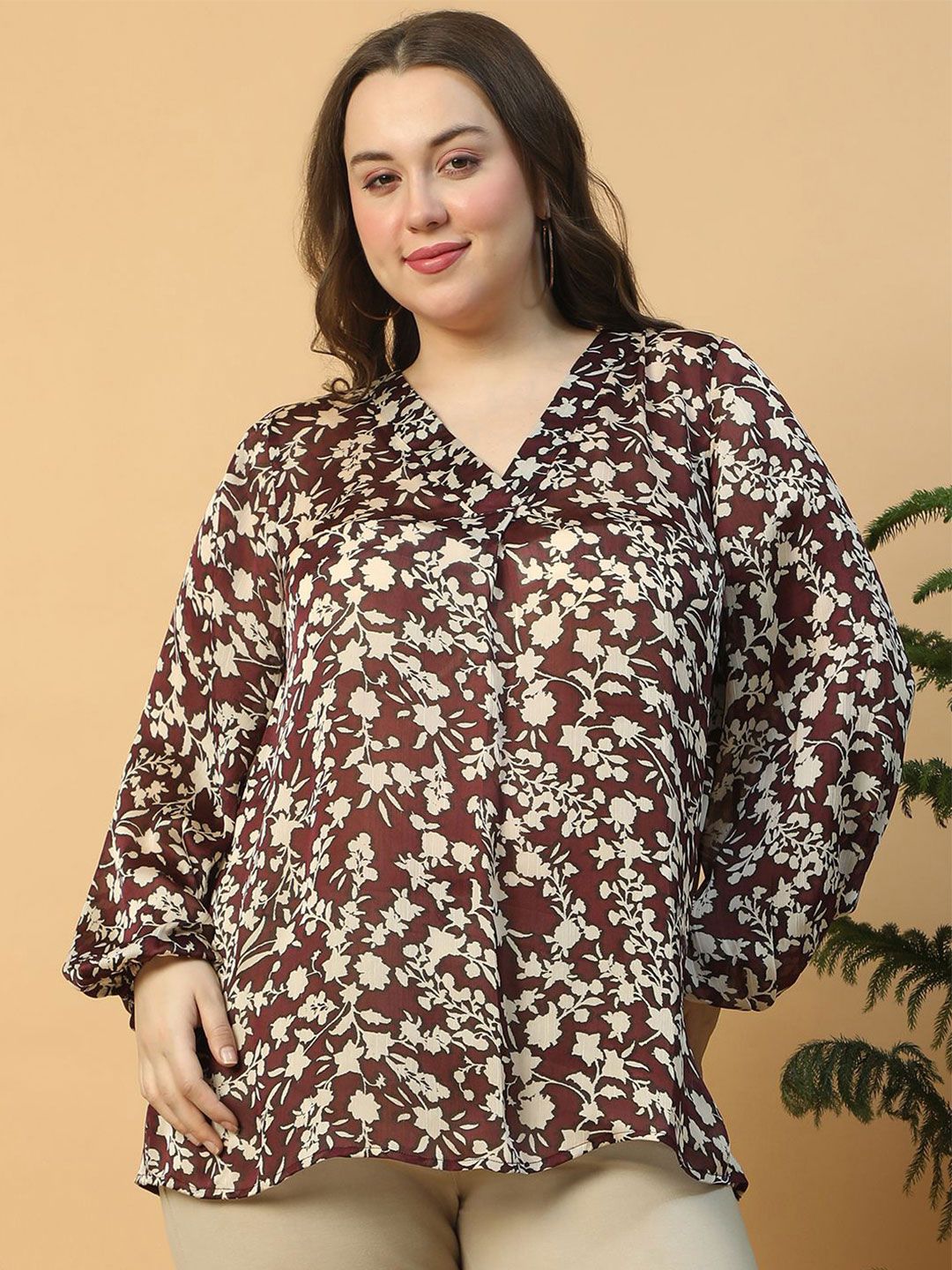 Oxolloxo Plus Size Wine Floral Print V- Neck Long Sleeve Satin Top-picture-14