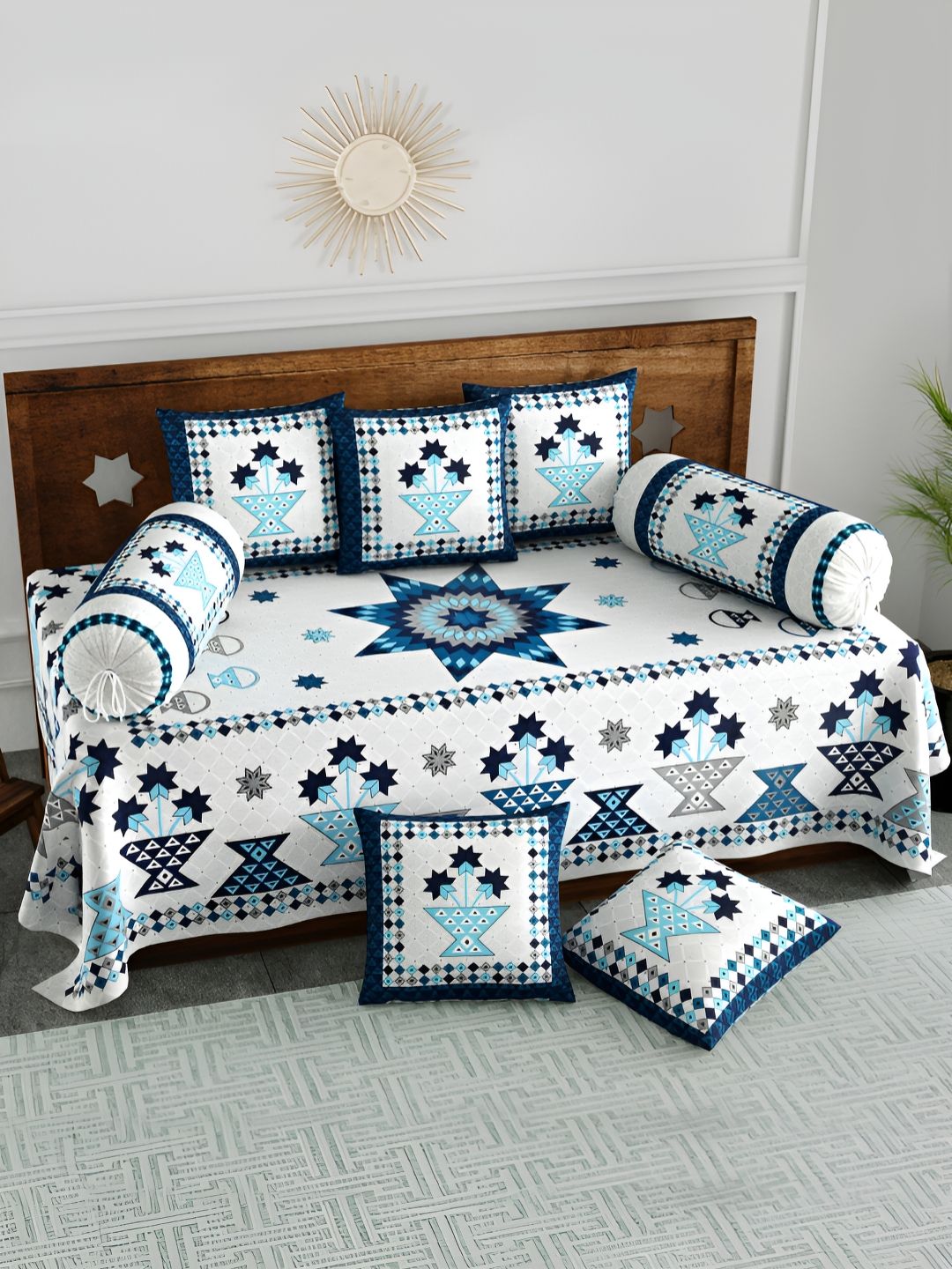 Myntra Elegant Homes Set Of 8 White & Blue Printed Cotton Diwan Set-picture-31
