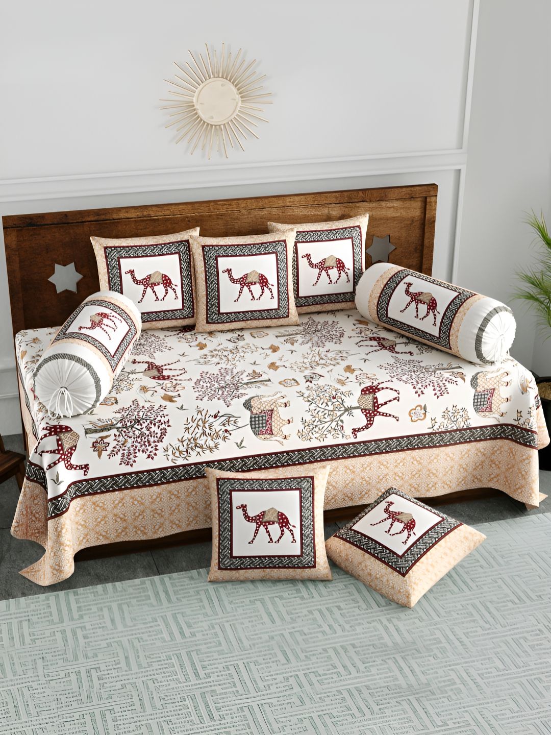 Myntra Elegant Homes Set Of 8 White & Brown Printed Cotton Diwan Set-image-39