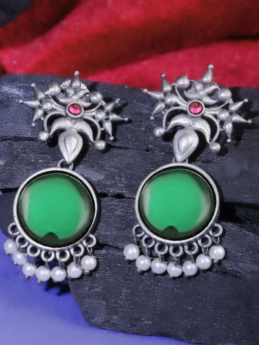 Sangria Silver-Plated Artificial Stone Studded And Pearls Beaded Oxidised Drop Earrings-image-28