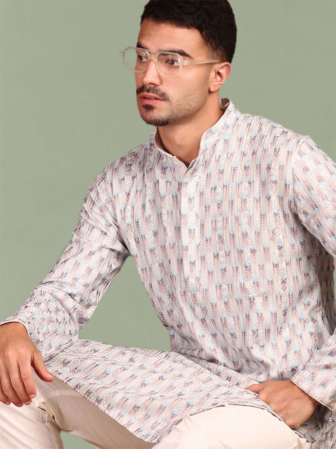 Anouk Geometric Embroidered Chikankari Sequinned Mandarin Collar Cotton Straight Kurta-picture-16