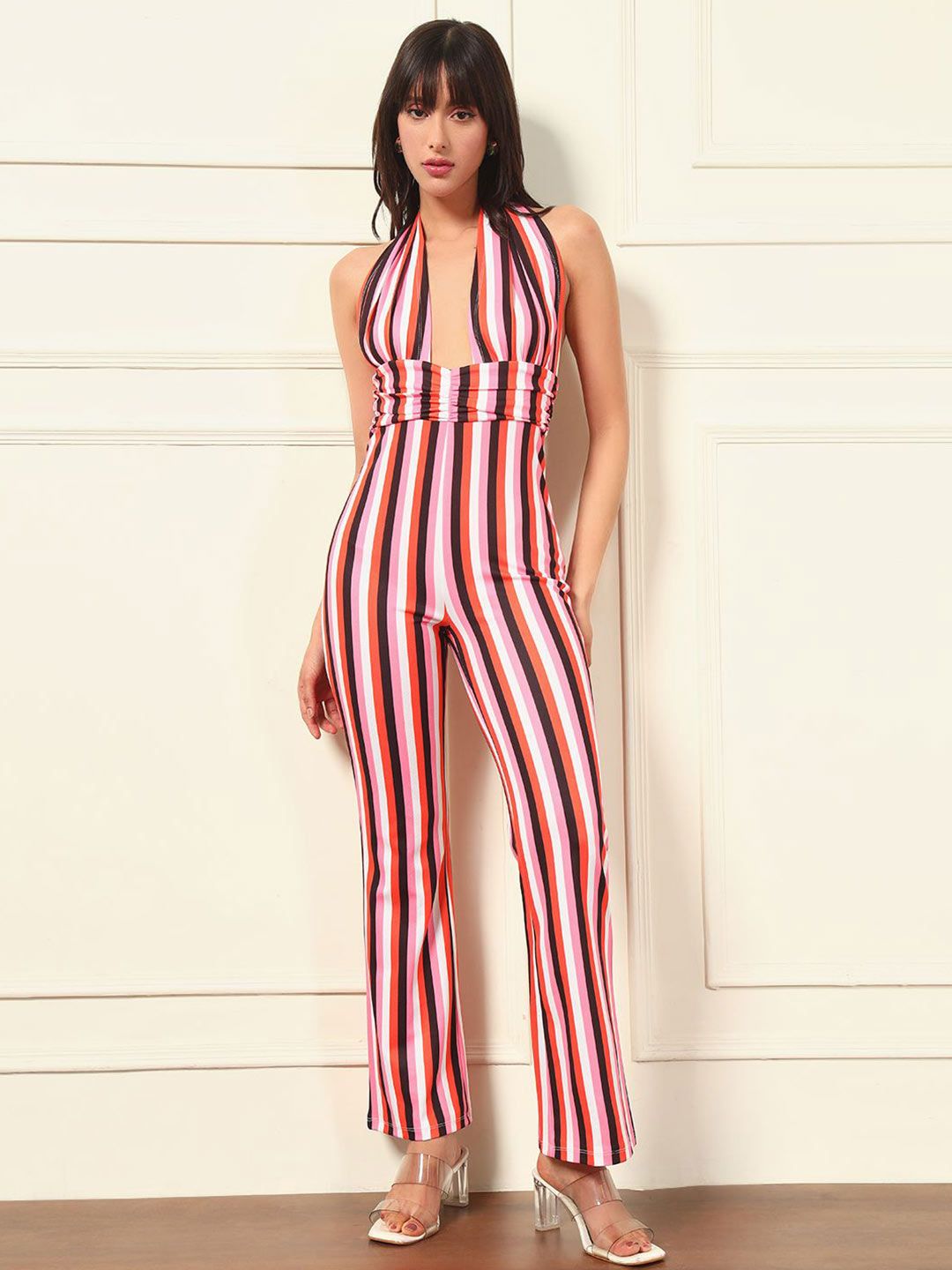 TANDUL Women Halter Neck Striped Basic Jumpsuit-image-47