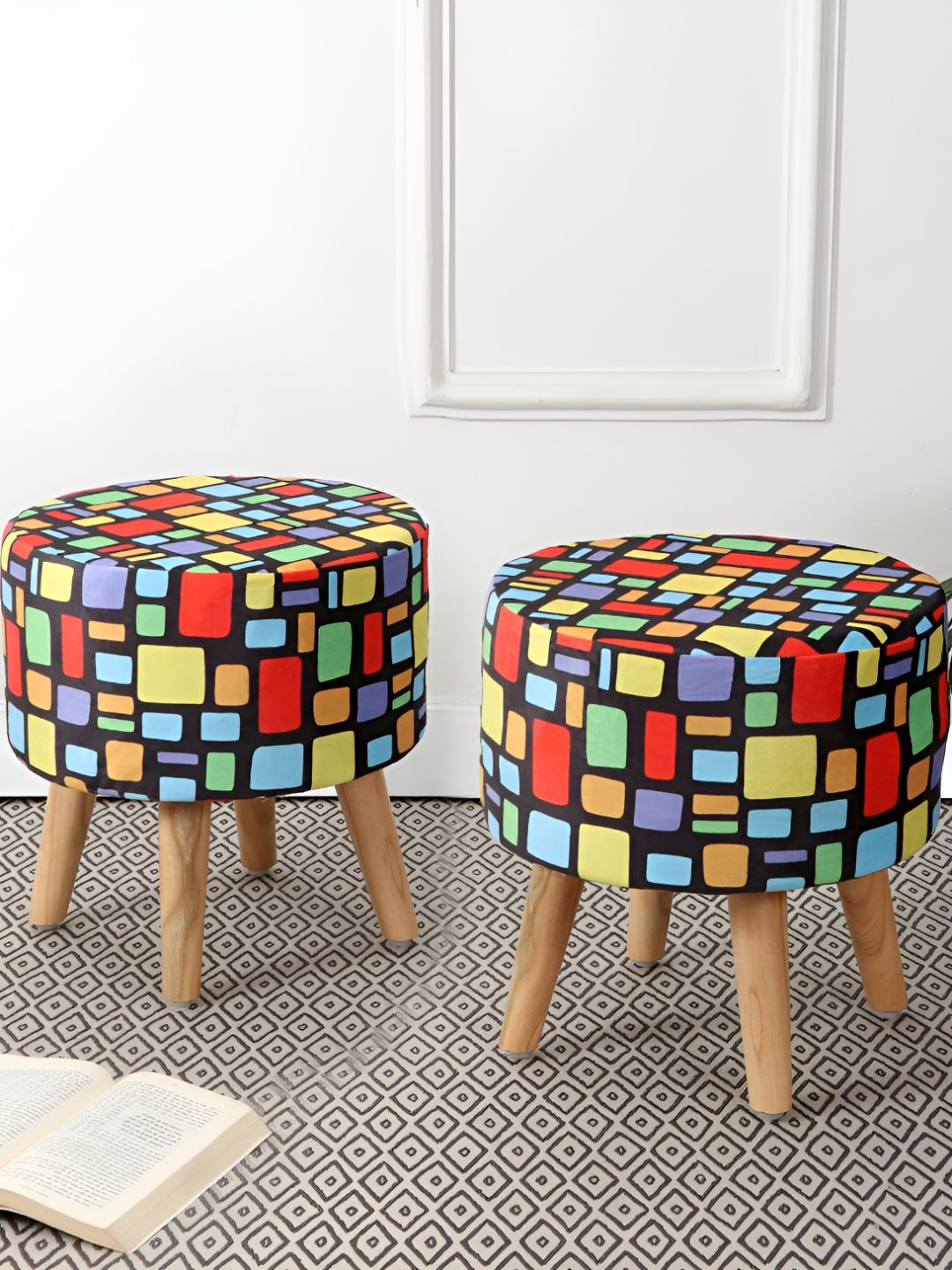 RIANCE CREATIONS Black & Yellow 2 Pieces Geometric Printed Wooden & Velvet Round Ottomans-picture-32
