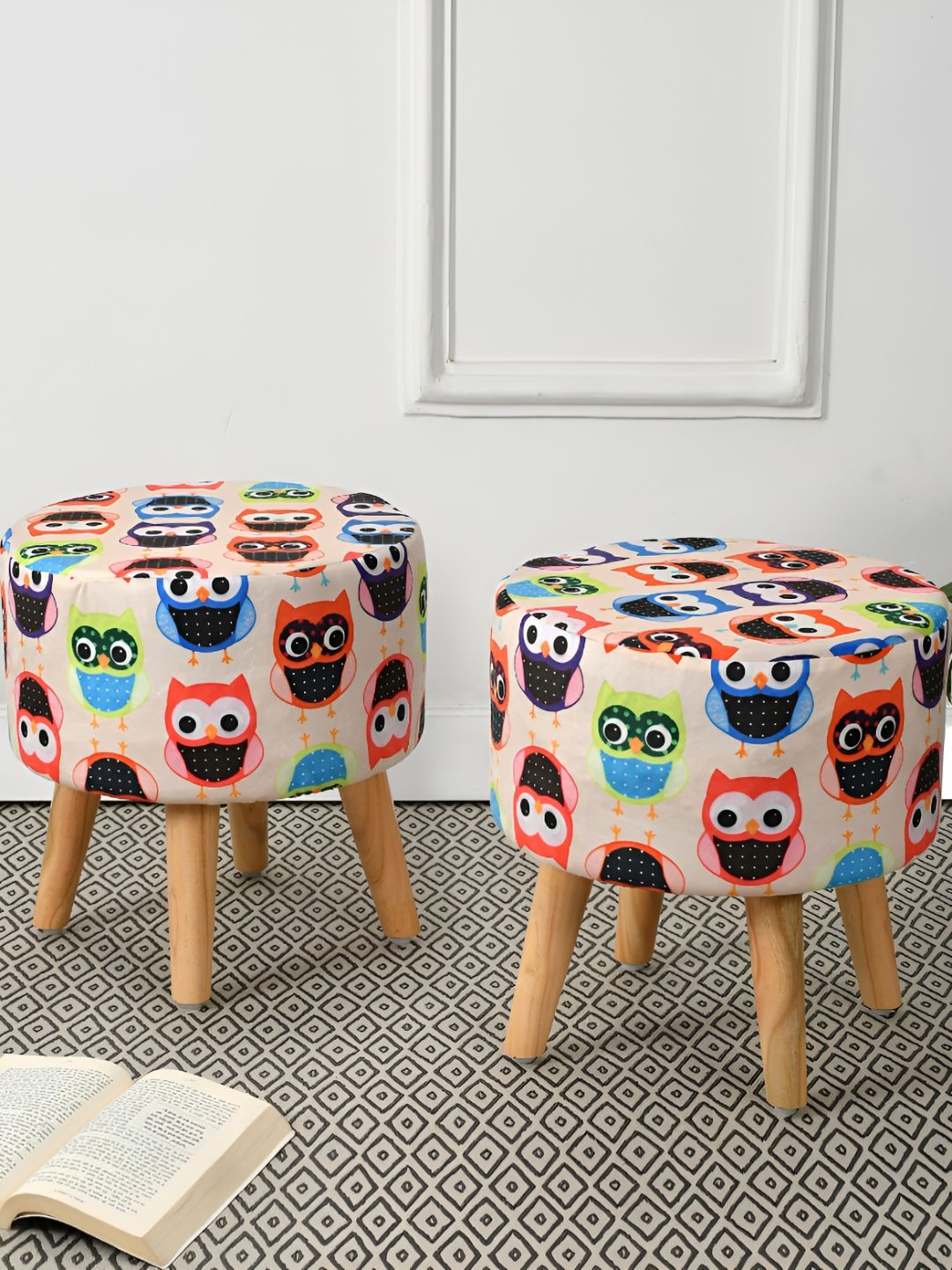 RIANCE CREATIONS Blue & Red 2 Pieces Abstract Printed Round Ottoman-image-48