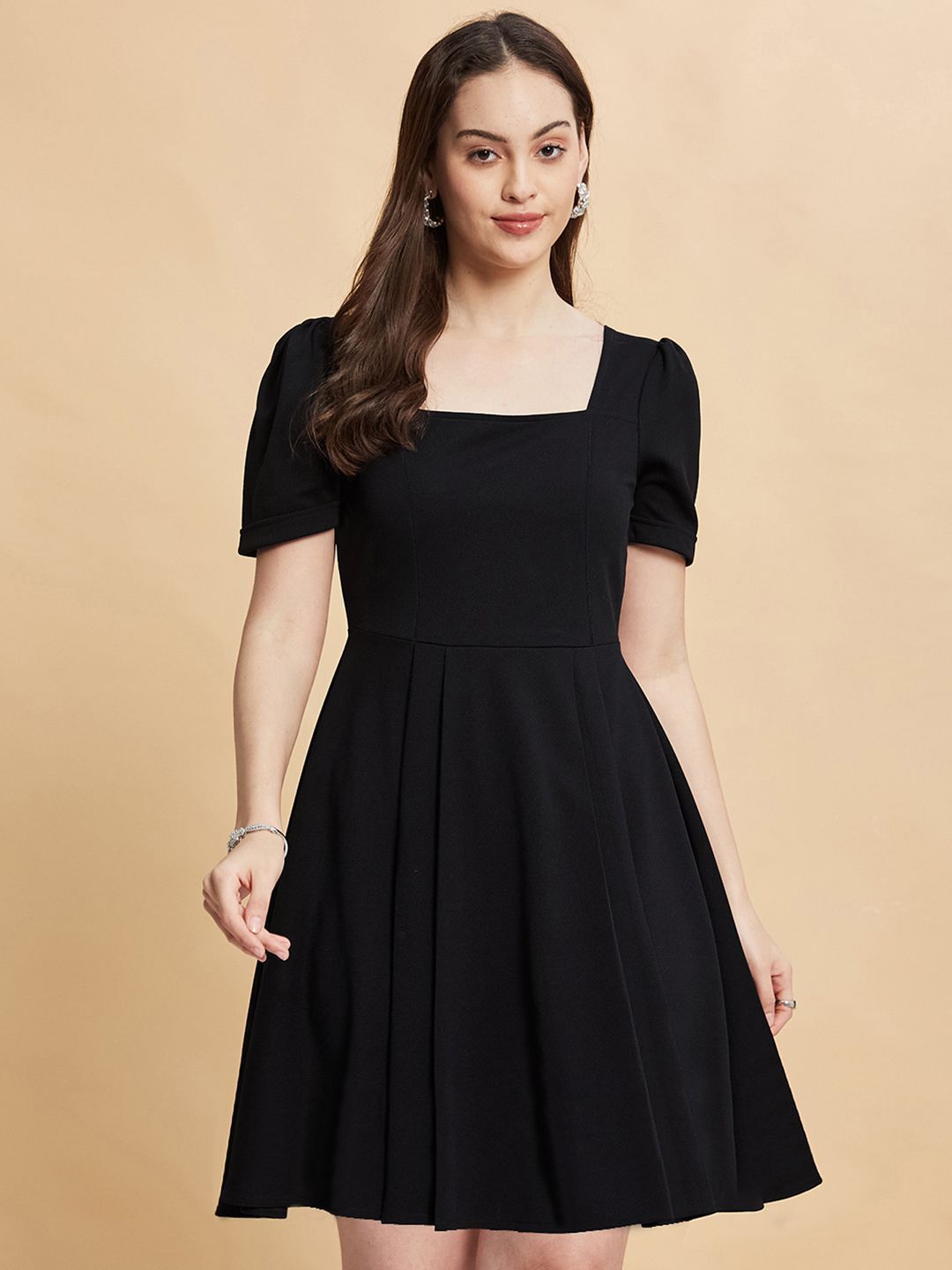 Selvia Women Solid Square Neck Dyed Puff Sleeve Fit & Flare Dress-picture-17