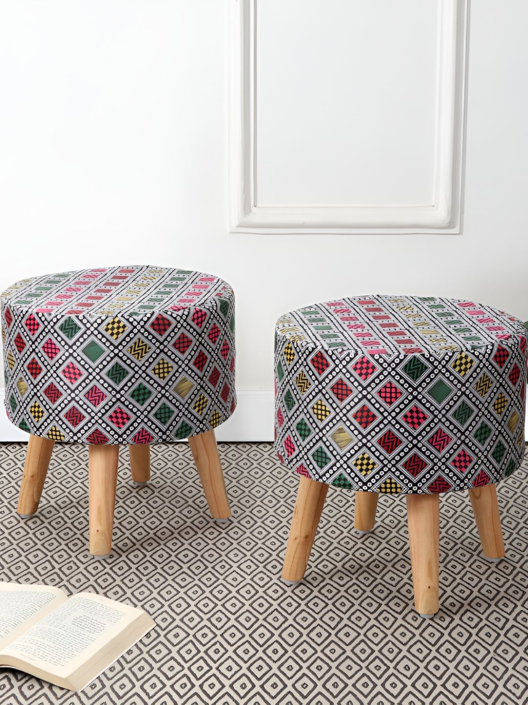 RIANCE CREATIONS Black & Grey 2 Pieces Checked Wooden & Velvet Round Ottomans-picture-44