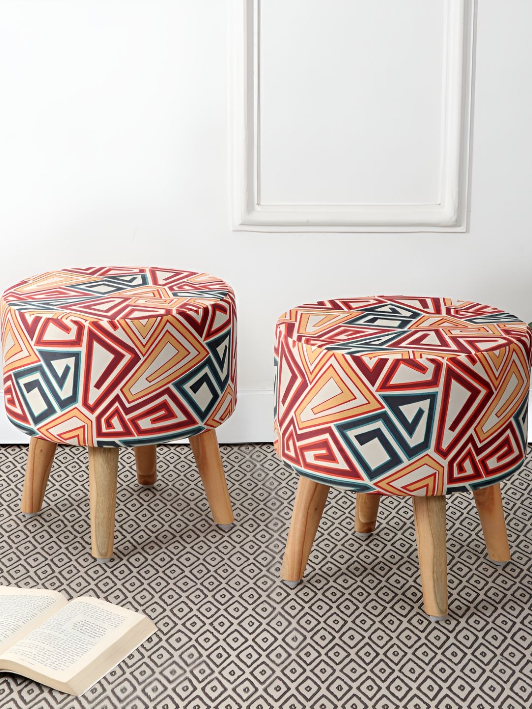 RIANCE CREATIONS 2 Pieces Abstract Printed Wooden Ottoman Stool-picture-29