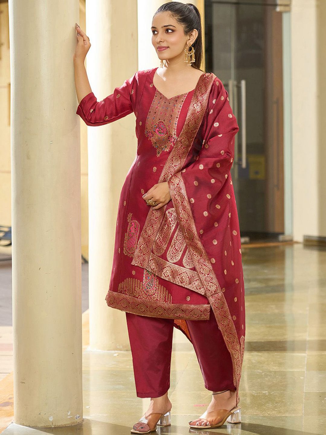 Siya Fashion Floral Woven Design Sweetheart Neck Kurta With Trousers & Dupatta
