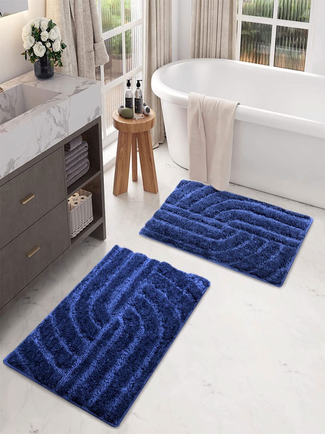LUXEHOME INTERNATIONAL Navy Blue Set Of 2 Patterned 220 GSM Anti-Skid Bath Rug-picture-26