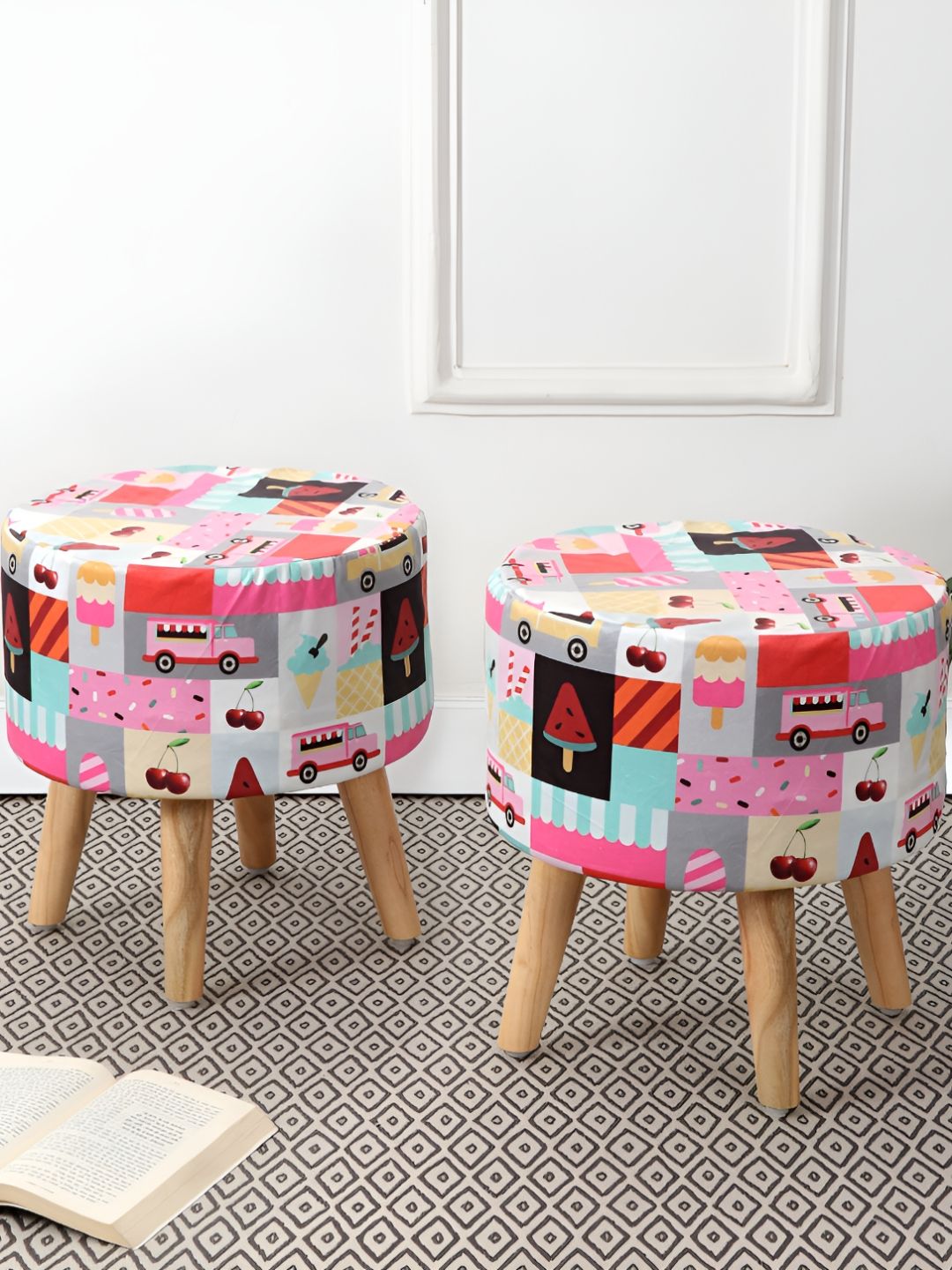RIANCE CREATIONS 2 Pieces Black & Orange Printed Round Shape Ottomans-picture-25