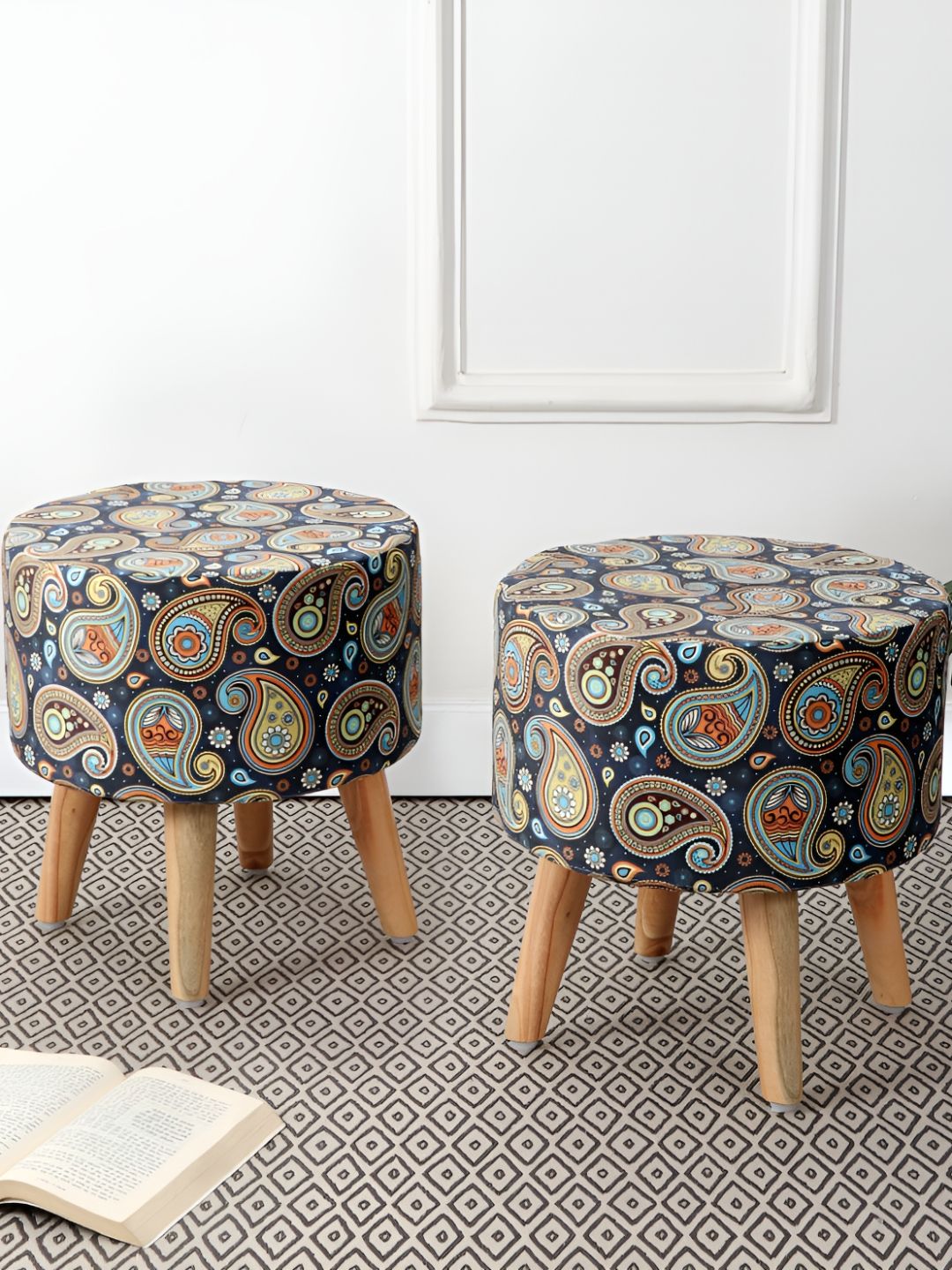 RIANCE CREATIONS Brown & Blue Paisley Printed Wooden & Velvet Round Ottoman-picture-55
