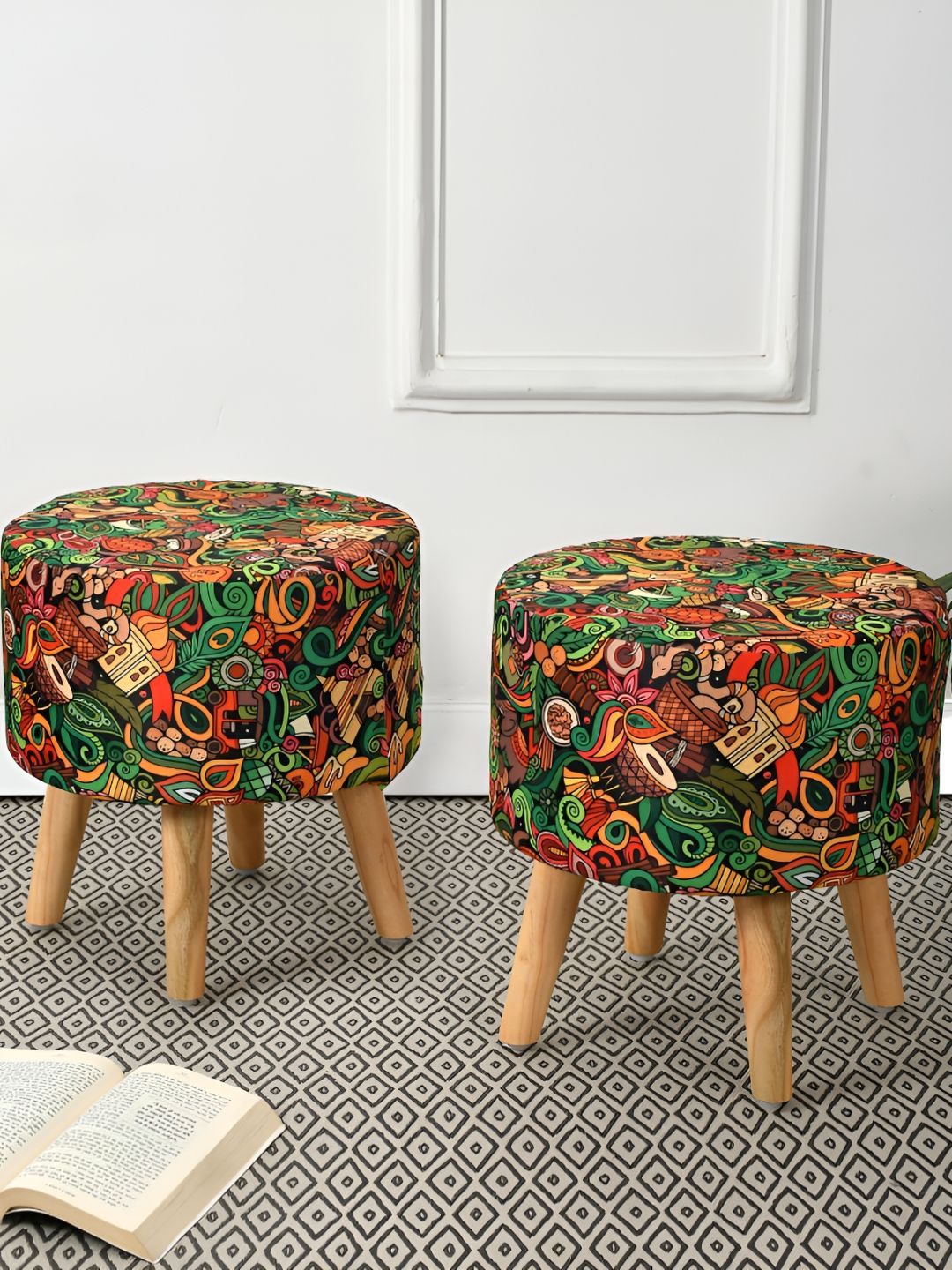 RIANCE CREATIONS 2 Pieces Black & Green Printed Round Shape Ottomans-picture-15