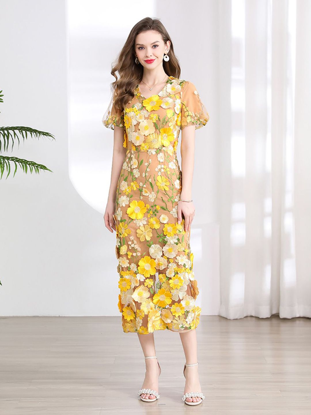 JC Collection Women Floral Print Round Neck Puff Sleeves Applique A-Line Midi Dress-image-16