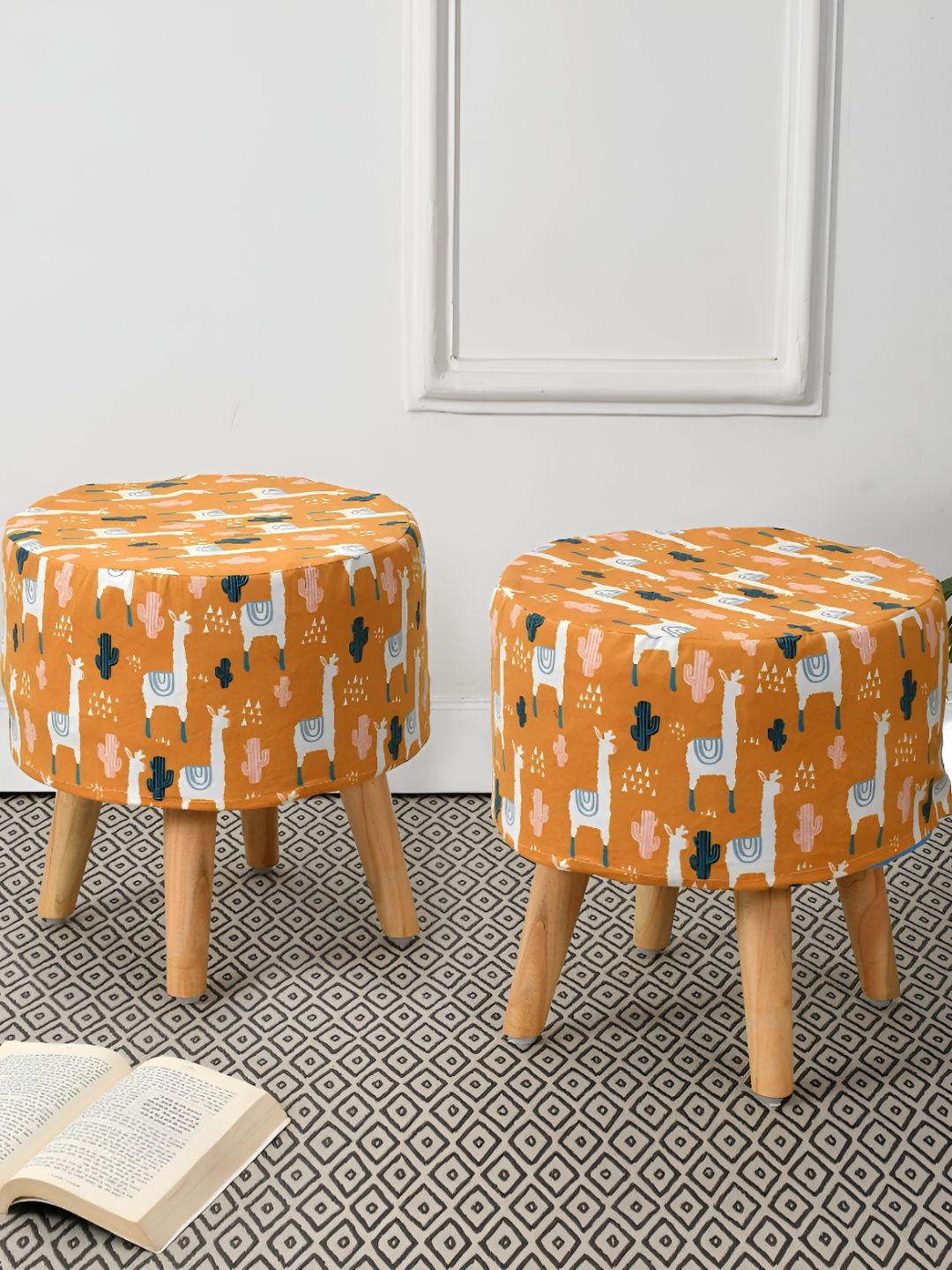 RIANCE CREATIONS Orange & White 2 Pieces Abstract Printed Round Ottoman-image-14